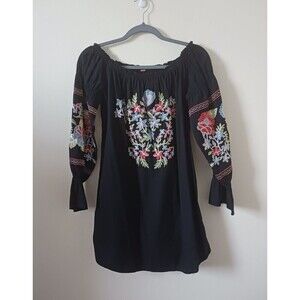 Free People Fleur Du Jour Floral Mini‎ Dress Off Shoulder Embroidered Black S